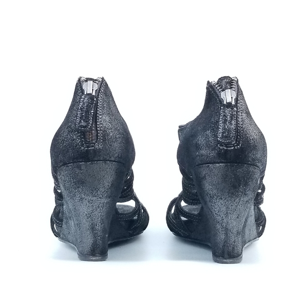 Eileen Fisher Cage Strappy Leather Wedge Sandal Metallic Grey Black Sz 9 - Picture 11 of 13